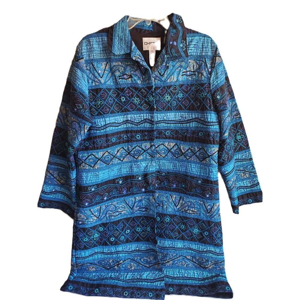 Chicos 2 Tapestry Jacket Deep Water Turquoise Metallic Woven Geometric Boho M